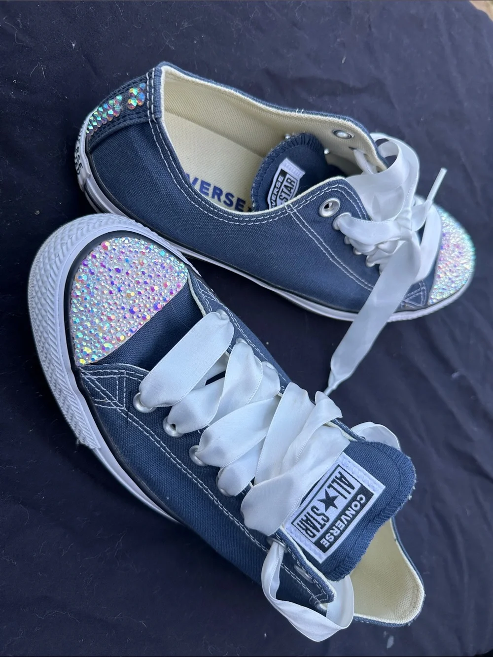 Converse Navy Low Top Sneakers with White Ribbon Laces and Crystal Toes - Picture 2 of 6